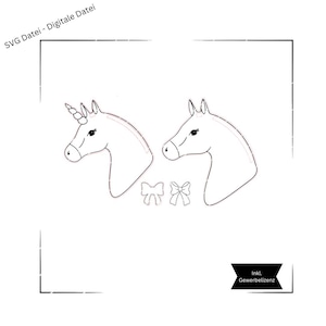 Pu&ograve; includere: Un download digitale di due illustrazioni di testa di unicorno in bianco e nero con un fiocco su ogni lato. SVG Datei - Digitale Datei.  inkl. Gewerbelizenz.