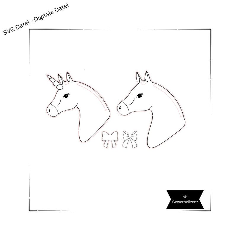 Pu&ograve; includere: Un download digitale di due illustrazioni di testa di unicorno in bianco e nero con un fiocco su ogni lato. SVG Datei - Digitale Datei.  inkl. Gewerbelizenz.