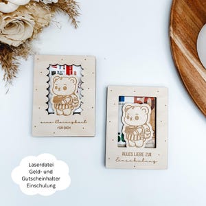 Porta billetes y vales láser para matrícula escolar, oso con libros, idea de regalo para escolares, regalo de dinero para la escuela, SVG, PDF, PNG, DXF