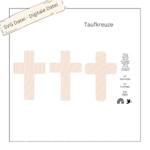 May include: Three white wooden cross shapes with a wood grain pattern. The crosses are for baptism, communion, and confirmation. The text "Zur Konfirmation", "Zur Kommunion", and "Zur Taufe" is written below the crosses.