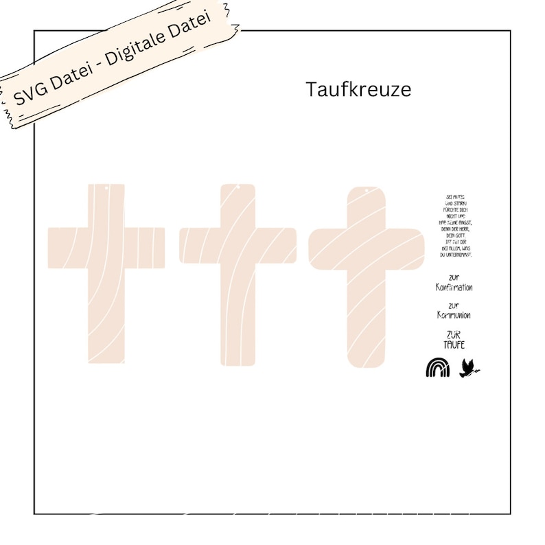 May include: Three white wooden cross shapes with a wood grain pattern. The crosses are for baptism, communion, and confirmation. The text "Zur Konfirmation", "Zur Kommunion", and "Zur Taufe" is written below the crosses.