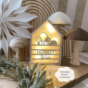 Peut inclure: Une boîte lumineuse en bois en forme de maison avec les mots "HERBST Liebe" et un motif de champignon. La boîte est éclairée par des lumières chaudes. Des champignons décoratifs en bois et une étoile sont également présents.