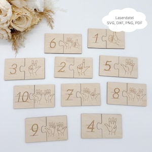Könnte beinhalten: Holzpuzzles mit Zahlen von 1 bis 10, dargestellt durch Handgesten. Jedes Puzzle besteht aus zwei Teilen. Die Zahlen und Handgesten sind in das helle Holz geätzt. Ein Wolkenförmige Grafik enthält Text.