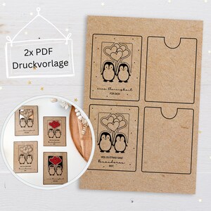 Imprimir plantilla vale porta vale pareja pingüinos, persona del corazón, mejor amiga, San Valentín, Día de la Madre, idea de regalo descargar PDF