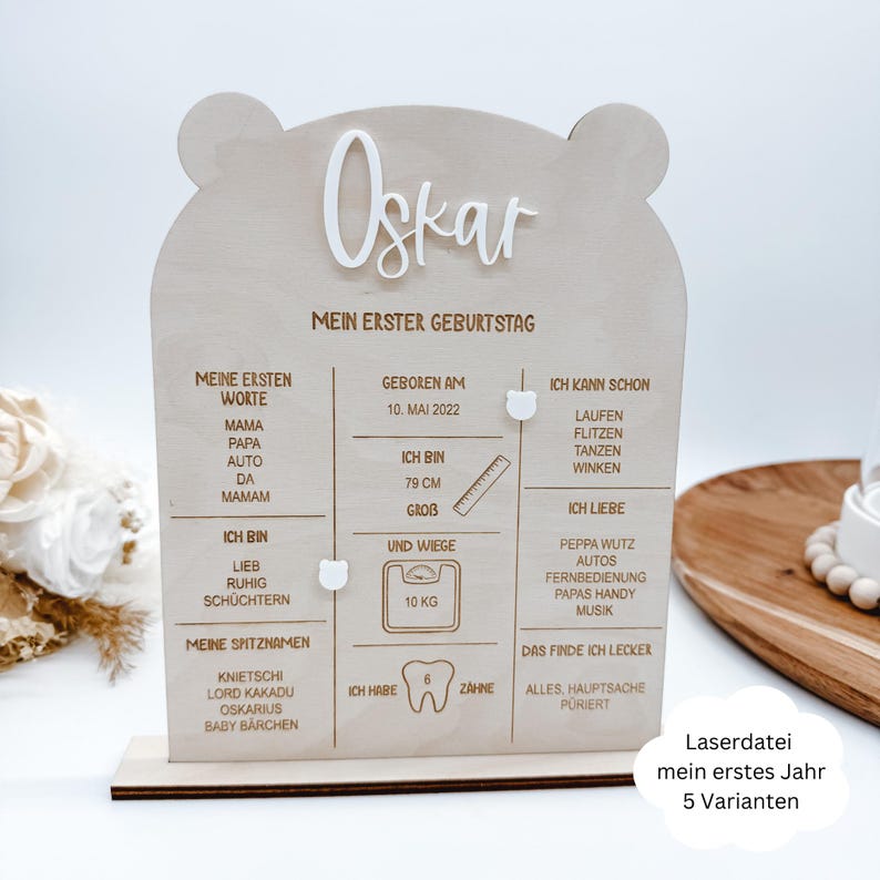 Puede incluir: Un letrero de madera con un marco en forma de oso y el nombre "Oskar" en la parte superior. El letrero est&aacute; dividido en secciones con informaci&oacute;n sobre el primer a&ntilde;o de Oskar, incluyendo su fecha de nacimiento, su altura, su peso, sus primeras palabras y sus cosas favoritas. El letrero est&aacute; decorado con peque&ntilde;as orejas de oso blancas.