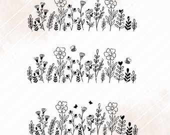 May include: Black and white line art illustration of three rows of wildflowers with bees and butterflies. The flowers are simple and stylized, with rounded petals and stems. The bees and butterflies are also stylized, with simple wings and bodies.