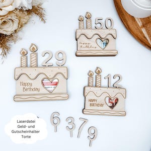 File laser regalo denaro e porta buoni torta, regalo di compleanno denaro con età, compleanno, idea regalo, file svg, pdf, png, dxf