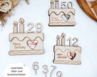 Laser file money gift and voucher holder cake, birthday money gift with age, birthday, gift idea, svg, pdf, png, dxf file