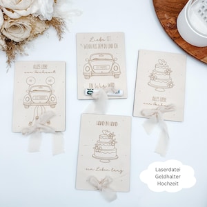 Laserdatei Geldgeschenk Hochzeit, Hochzeitsgeschenk, Postkarte, Hochzeitsauto, Torte, Brautpaar, SVG, dxf, png, pdf inkl. Gewerbelizenz