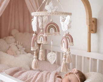 Boho baby mobile with rainbow – handmade nursery decor