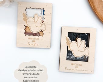 May include: Two wooden gift card holders with a dove cutout and the text "Alles Liebe zur Taufe" and "Alles Liebe zur Kommunion".