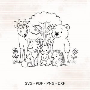 May include: Black and white illustration of a group of woodland animals, including a deer, fox, rabbit, bear, and hedgehog, with a tree in the background. The image also includes the text "SVG - PDF - PNG - DXF".