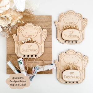 Fichier découpé au laser SVG avec licence commerciale 3 designs cartable comme cadeau monétaire pour la rentrée scolaire fleurs séchées, idée cadeau pour la rentrée scolaire