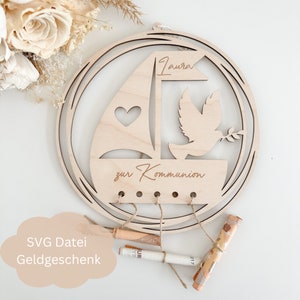 SVG lasercut file including commercial license cash gift loop boat with dove for baptism, communion, confirmation