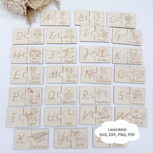 以下が含まれることがあります： レーザー彫刻された文字とイラストが特徴の木製アルファベットパズル。 各パズルピースには文字と、魚やキリンなどの関連画像が表示されます。 アルファベット学習用に設計されています。
