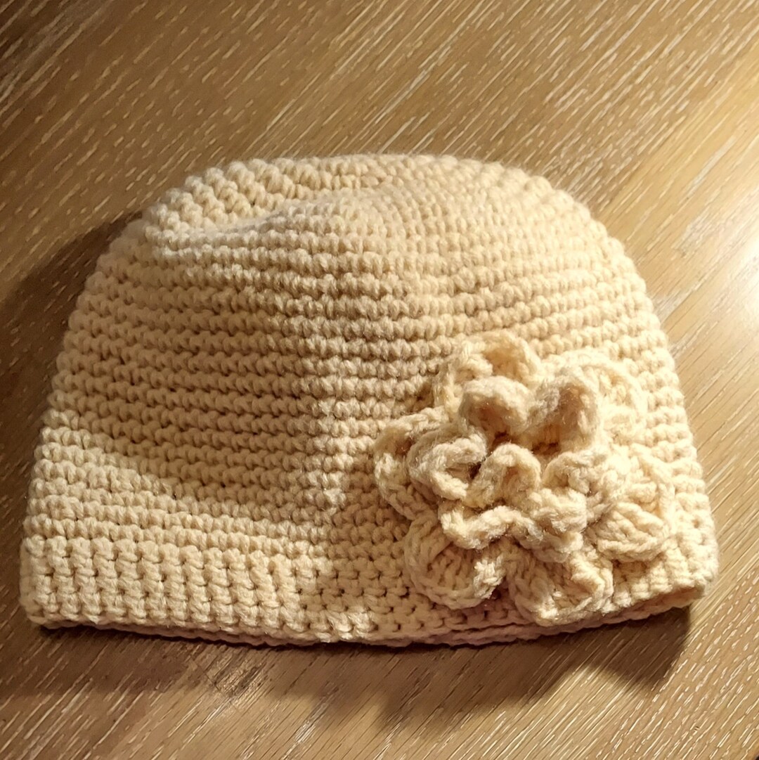 Crocheted Cream Hat With Flower - Etsy display picture 3
