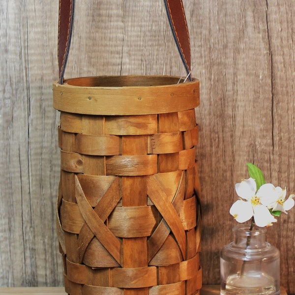 Vintage Woven Chipwood Wine Caddy Basket with Strap Handle