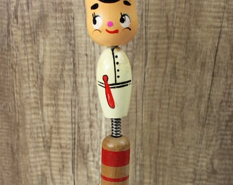 RARE FIND Vintage Ring Toss Game Figure Baseball Player Wood Spring 11-1/2" x 5"