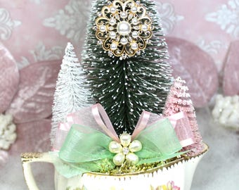 Vintage Christmas Bottle Brush Trees Assemblage: Vintage Limoges Creamer Shabby Chic Pink Holiday Decor
