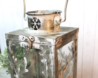 Pier 1 HOLIDAY REINDEER Silver Metal Glass Lantern Tea Light Candle Holder