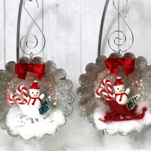 Vintage Snowman Sleigh Christmas Ornaments: Red White Retro Tart Tin Pair