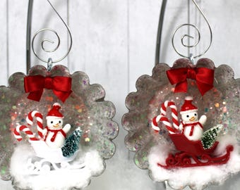 Vintage Snowman Sleigh Christmas Ornaments: Red White Retro Tart Tin Pair