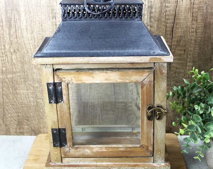 Wood and Metal Table Lantern Glass Sides Latch Door Handle Plants ...