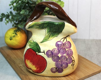 Vintage Twisted Handle Ceramic Vase Hand Painted Fruit Apples Grapes