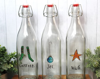 Rae Dunn Christmas Bottles: JOY, WISH, Comfort - Set of 3