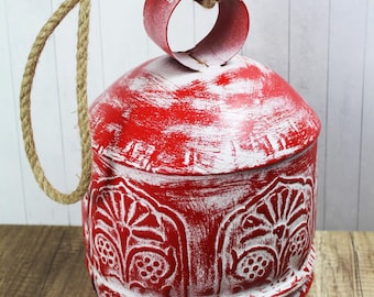 Large Metal Red White Bell with Wooden Clapper Rope Hanger India