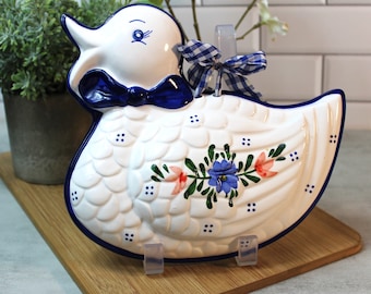 Vintage Duck Wall Plaque Hanging Blue White Ceramic Floral Checked Ribbon Kitchen 1980s