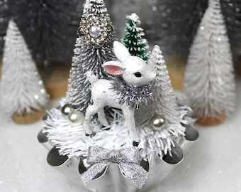 Retro White Christmas Deer and Bottle Brush Trees in Vintage Tart Tin: Kitsch Christmas