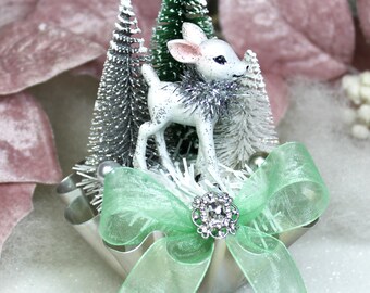 Retro White Christmas Deer and Bottle Brush Trees in Vintage Tart Tin: Kitsch Christmas