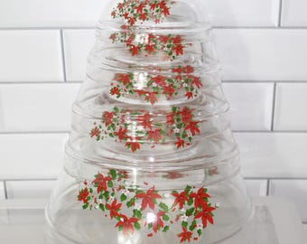 Clear Glass Nesting Small Bowls with Poinsettia and Holly - DURABLE HEAT RESISTANT