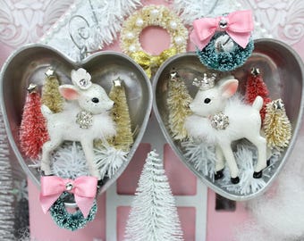 White Deer Bottle Brush Trees Christmas Ornaments: Vintage Retro Jello Mold Tin Hearts