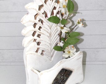 Vintage Hanging Wooden Wall Box - White Wash Distressed - Leaves Nature Theme
