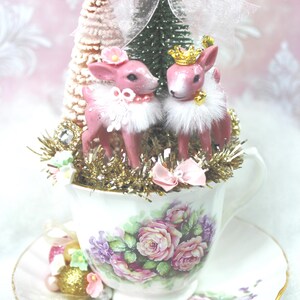 Pink Christmas Deer Bottle Brush Trees in Vintage Teacup: Winter Wonderland Christmas Decor image 9