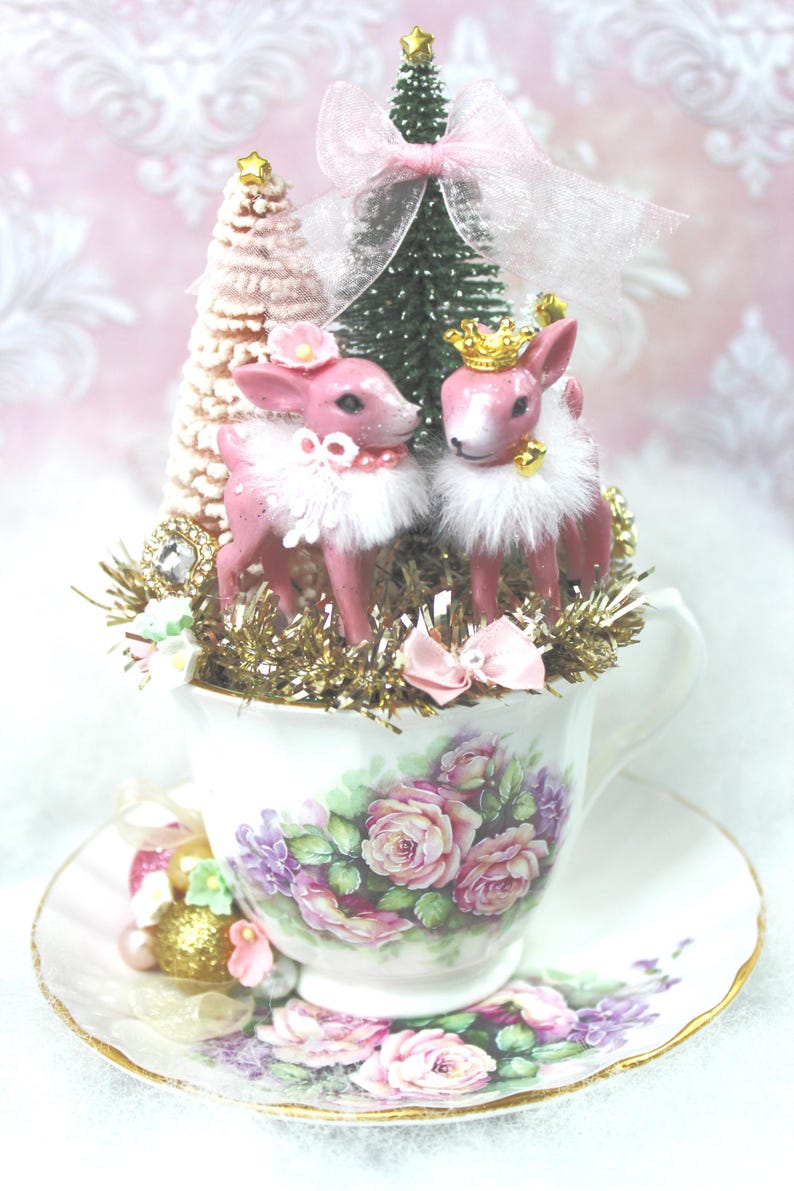 Pink Christmas Deer Bottle Brush Trees in Vintage Teacup: Winter Wonderland Christmas Decor image 9