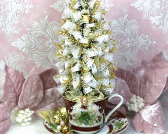 Christmas Centerpiece: Bottle Brush Tree in Vintage Teacup Gold Burgundy Shabby Chic