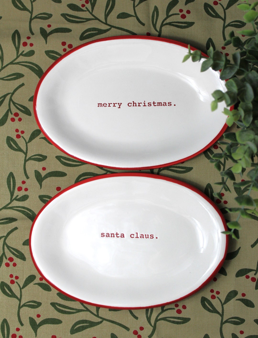 Rae Dunn Set of Two 8 Oval Christmas Plates Merry Christmas & Santa