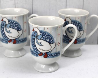 Vintage Country Goose Pedestal Mugs - Blue Bow Decor - Set of 3