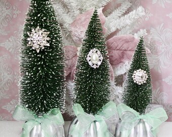 Bottle Brush Christmas Trees - Set of 3 Green - Vintage Jello Mold Stands