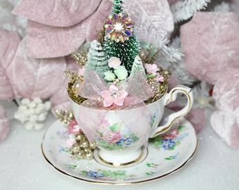 Teacup Christmas Tree Assemblage: Shabby Chic Pink Holiday Decor