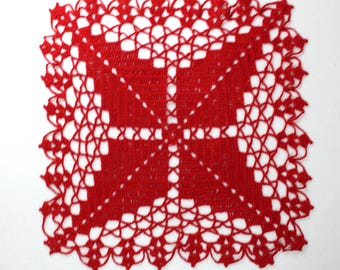 Vintage Doily Square Hand Crocheted Red Scalloped Edge 13" x 13"