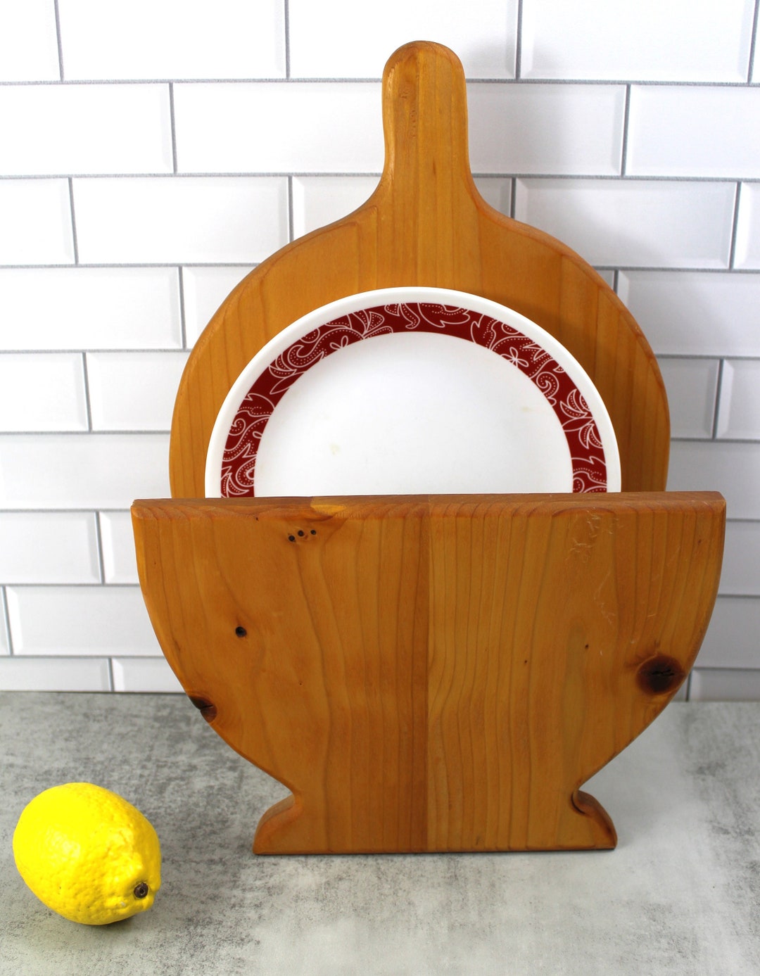 Vintage solid wood paper plate holder counter table wall plant holder