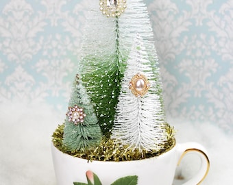 Shabby Chic Christmas Bottle Brush Trees: Vintage Pink Rose Teacup Christmas Scene