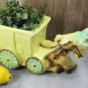 Vintage American Bisque Donkey or Horse With Cart Mid-Century Ceramic Planter Pot Yellow 13&quot;