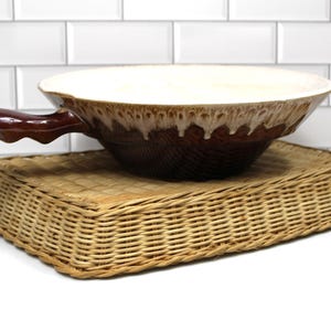 Vintage Brown Drip Glaze Pottery Serving Bowl Dish with Handle Stoneware Mid Century Dishes 10-1/2&quot;