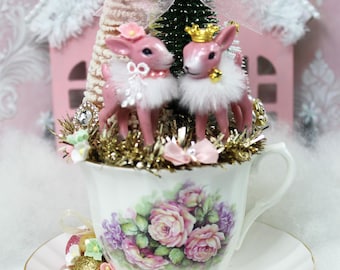 Pink Christmas Deer Bottle Brush Trees in Vintage Teacup: Winter Wonderland Christmas Decor
