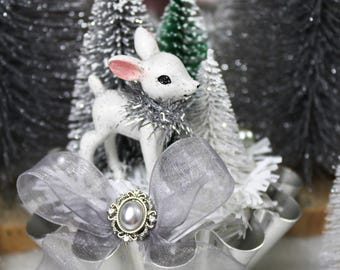 Retro White Christmas Deer and Bottle Brush Trees in Vintage Tart Tin: Kitsch Christmas